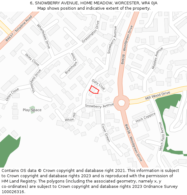 6, SNOWBERRY AVENUE, HOME MEADOW, WORCESTER, WR4 0JA: Location map and indicative extent of plot