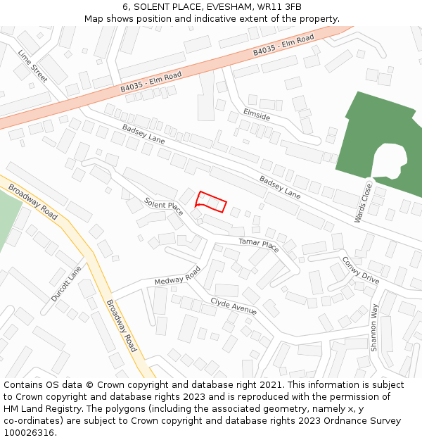 6, SOLENT PLACE, EVESHAM, WR11 3FB: Location map and indicative extent of plot