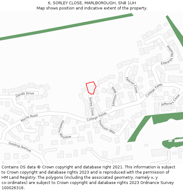 6, SORLEY CLOSE, MARLBOROUGH, SN8 1UH: Location map and indicative extent of plot