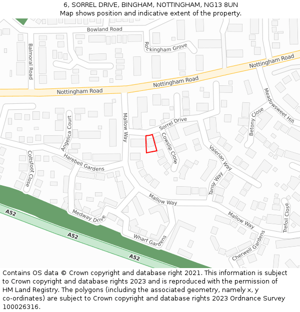 6, SORREL DRIVE, BINGHAM, NOTTINGHAM, NG13 8UN: Location map and indicative extent of plot