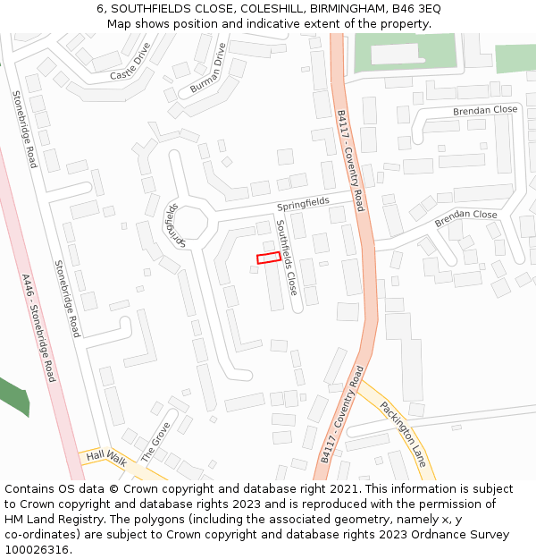 6, SOUTHFIELDS CLOSE, COLESHILL, BIRMINGHAM, B46 3EQ: Location map and indicative extent of plot