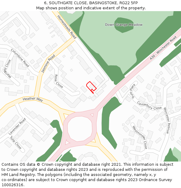 6, SOUTHGATE CLOSE, BASINGSTOKE, RG22 5FP: Location map and indicative extent of plot