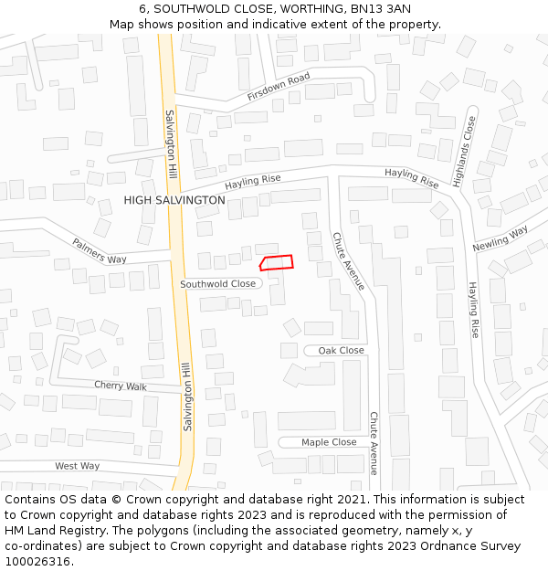 6, SOUTHWOLD CLOSE, WORTHING, BN13 3AN: Location map and indicative extent of plot