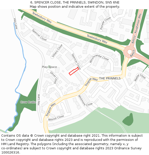 6, SPENCER CLOSE, THE PRINNELS, SWINDON, SN5 6NE: Location map and indicative extent of plot