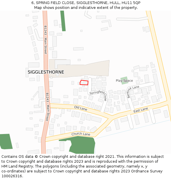 6, SPRING FIELD CLOSE, SIGGLESTHORNE, HULL, HU11 5QP: Location map and indicative extent of plot