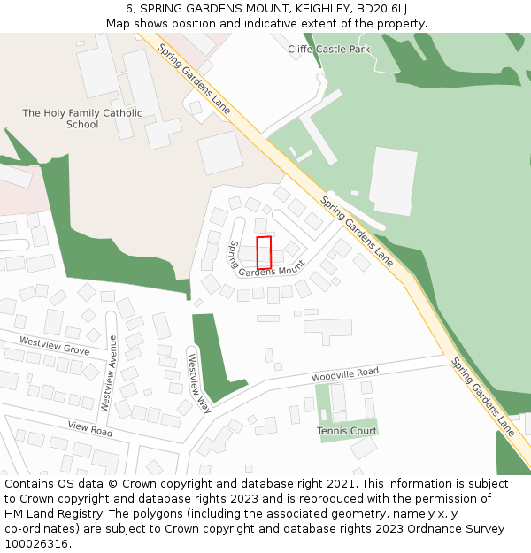 6, SPRING GARDENS MOUNT, KEIGHLEY, BD20 6LJ: Location map and indicative extent of plot