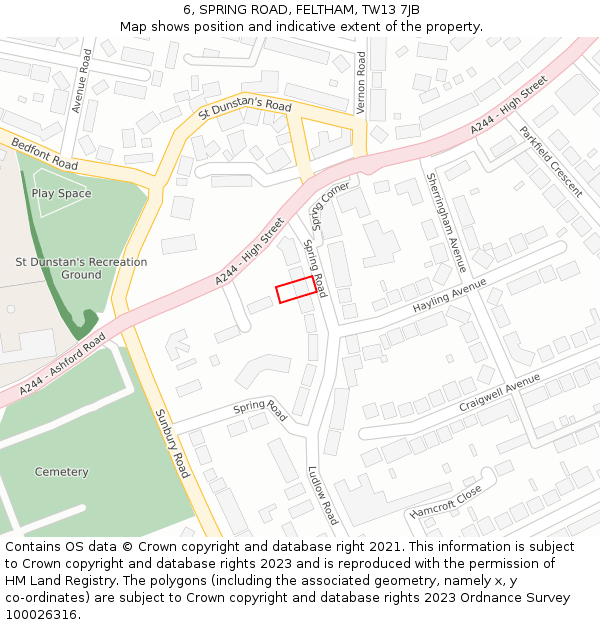 6, SPRING ROAD, FELTHAM, TW13 7JB: Location map and indicative extent of plot