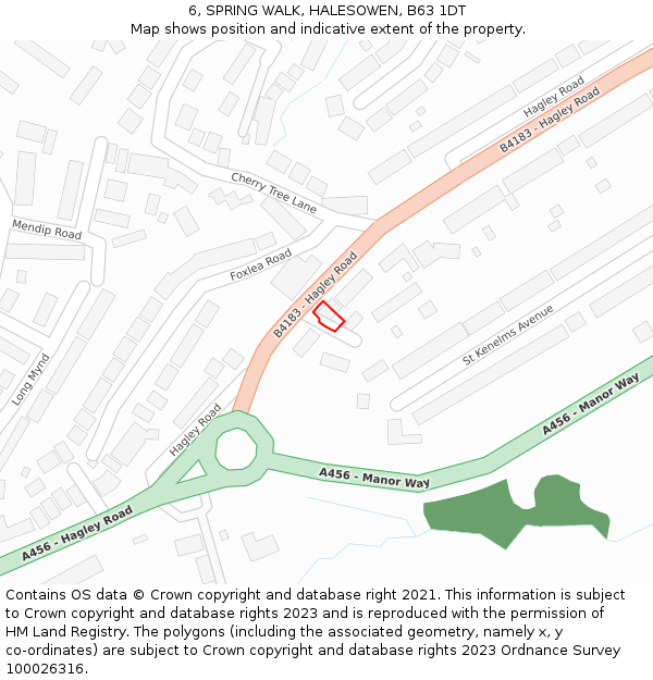 6, SPRING WALK, HALESOWEN, B63 1DT: Location map and indicative extent of plot