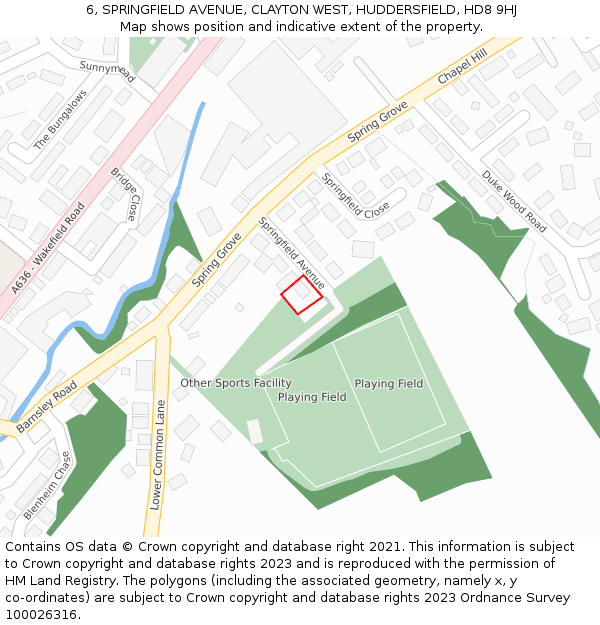 6, SPRINGFIELD AVENUE, CLAYTON WEST, HUDDERSFIELD, HD8 9HJ: Location map and indicative extent of plot