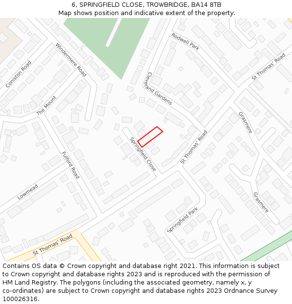 6, SPRINGFIELD CLOSE, TROWBRIDGE, BA14 8TB: Location map and indicative extent of plot