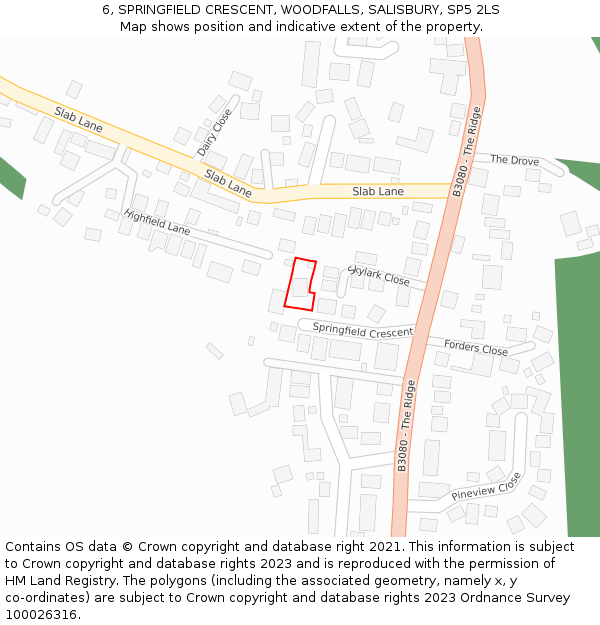 6, SPRINGFIELD CRESCENT, WOODFALLS, SALISBURY, SP5 2LS: Location map and indicative extent of plot