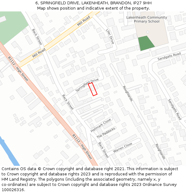 6, SPRINGFIELD DRIVE, LAKENHEATH, BRANDON, IP27 9HH: Location map and indicative extent of plot