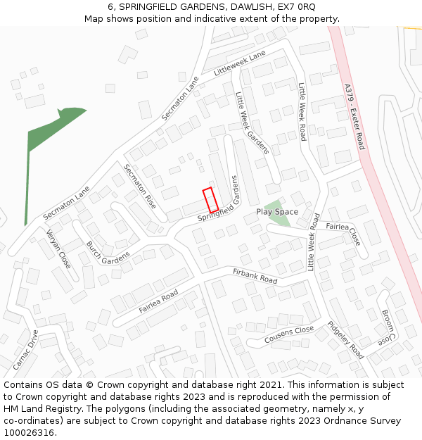 6, SPRINGFIELD GARDENS, DAWLISH, EX7 0RQ: Location map and indicative extent of plot