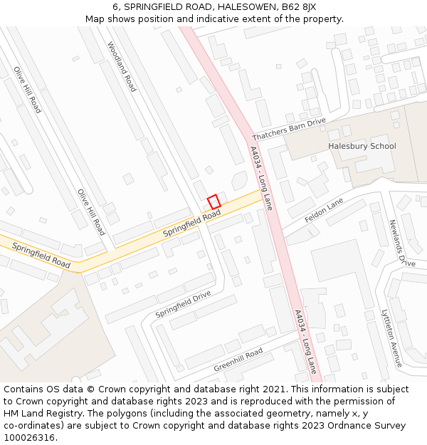 6, SPRINGFIELD ROAD, HALESOWEN, B62 8JX: Location map and indicative extent of plot