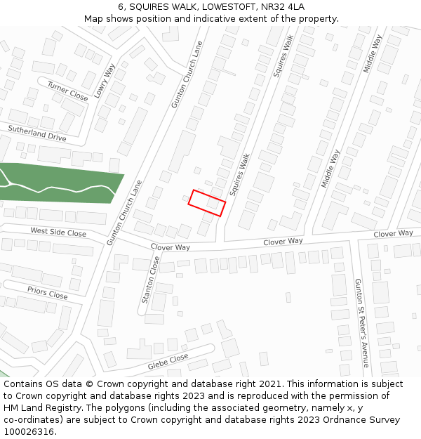 6, SQUIRES WALK, LOWESTOFT, NR32 4LA: Location map and indicative extent of plot