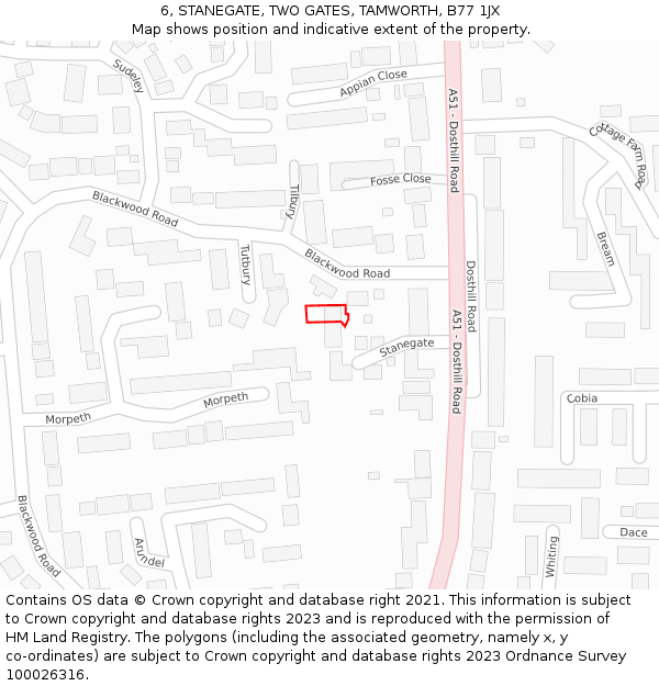 6, STANEGATE, TWO GATES, TAMWORTH, B77 1JX: Location map and indicative extent of plot