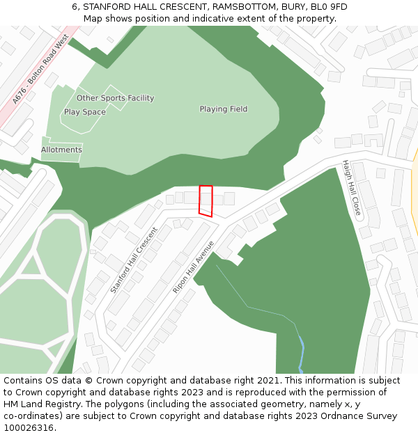 6, STANFORD HALL CRESCENT, RAMSBOTTOM, BURY, BL0 9FD: Location map and indicative extent of plot