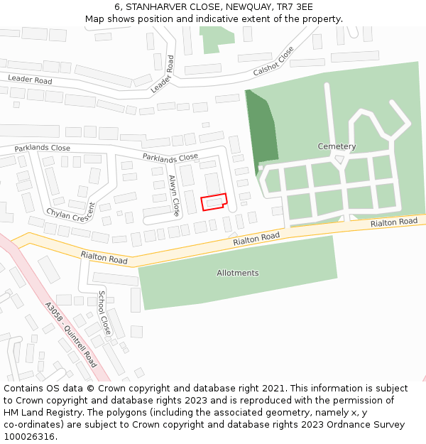 6, STANHARVER CLOSE, NEWQUAY, TR7 3EE: Location map and indicative extent of plot