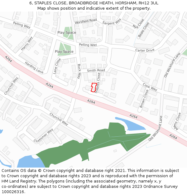 6, STAPLES CLOSE, BROADBRIDGE HEATH, HORSHAM, RH12 3UL: Location map and indicative extent of plot