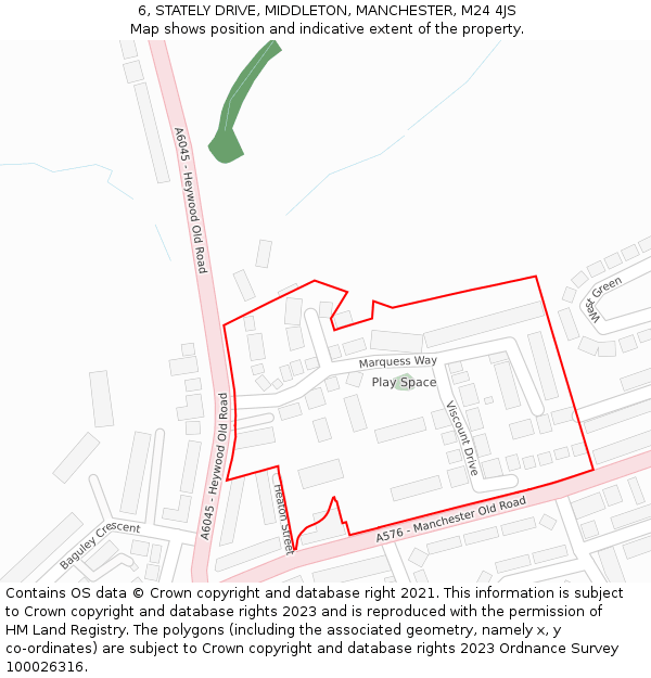 6, STATELY DRIVE, MIDDLETON, MANCHESTER, M24 4JS: Location map and indicative extent of plot