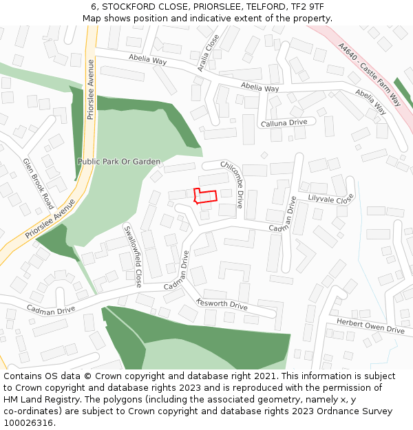 6, STOCKFORD CLOSE, PRIORSLEE, TELFORD, TF2 9TF: Location map and indicative extent of plot