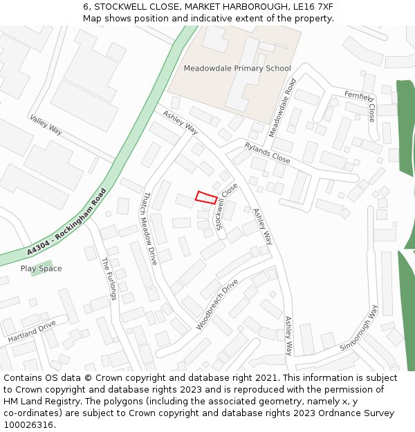 6, STOCKWELL CLOSE, MARKET HARBOROUGH, LE16 7XF: Location map and indicative extent of plot