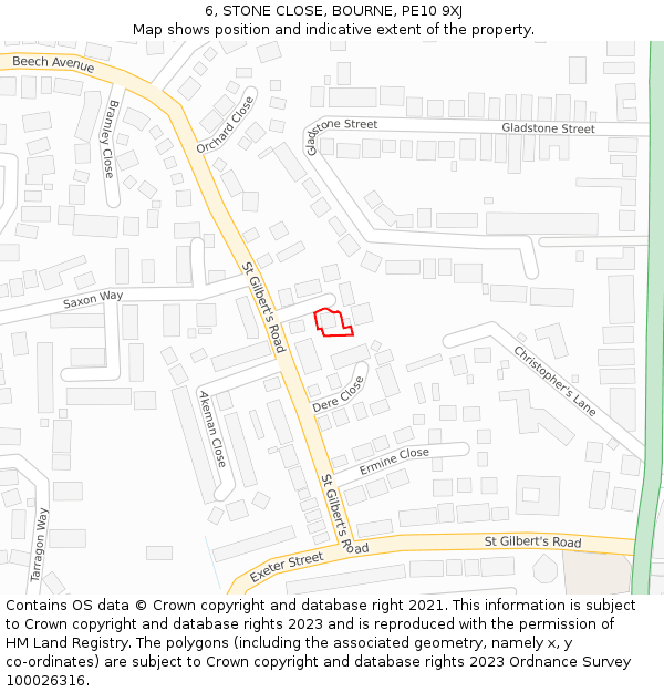 6, STONE CLOSE, BOURNE, PE10 9XJ: Location map and indicative extent of plot