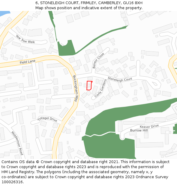 6, STONELEIGH COURT, FRIMLEY, CAMBERLEY, GU16 8XH: Location map and indicative extent of plot