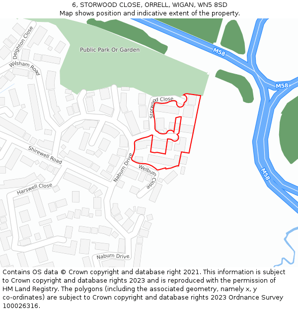 6, STORWOOD CLOSE, ORRELL, WIGAN, WN5 8SD: Location map and indicative extent of plot