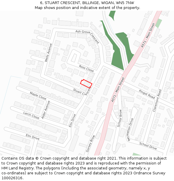 6, STUART CRESCENT, BILLINGE, WIGAN, WN5 7NW: Location map and indicative extent of plot