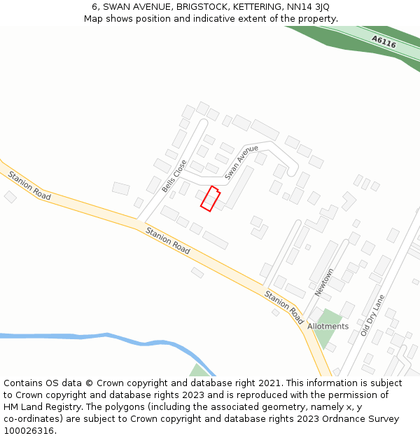 6, SWAN AVENUE, BRIGSTOCK, KETTERING, NN14 3JQ: Location map and indicative extent of plot