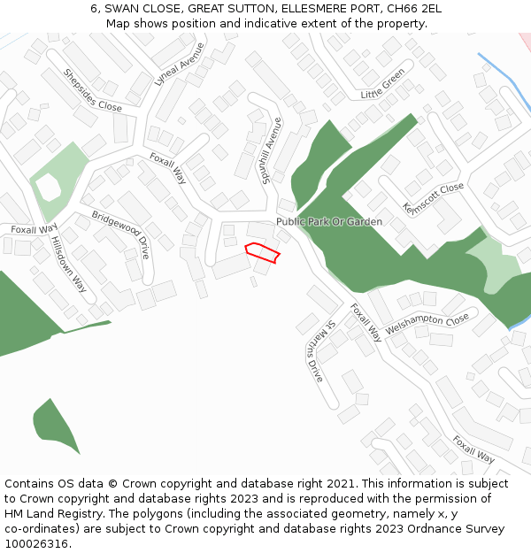 6, SWAN CLOSE, GREAT SUTTON, ELLESMERE PORT, CH66 2EL: Location map and indicative extent of plot