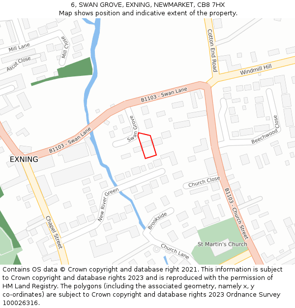 6, SWAN GROVE, EXNING, NEWMARKET, CB8 7HX: Location map and indicative extent of plot