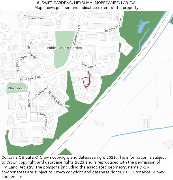 6, SWIFT GARDENS, HEYSHAM, MORECAMBE, LA3 2WL: Location map and indicative extent of plot