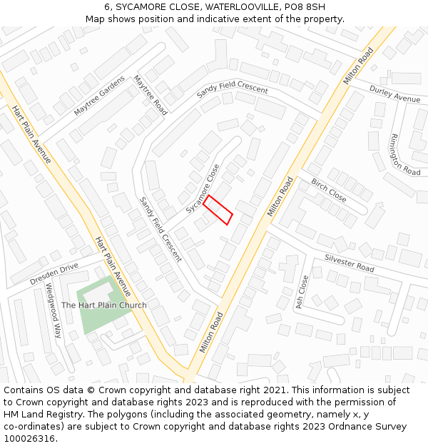 6, SYCAMORE CLOSE, WATERLOOVILLE, PO8 8SH: Location map and indicative extent of plot