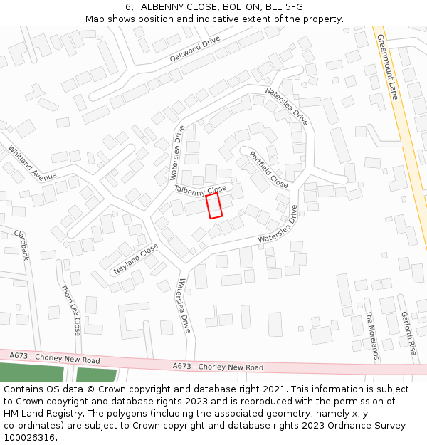 6, TALBENNY CLOSE, BOLTON, BL1 5FG: Location map and indicative extent of plot