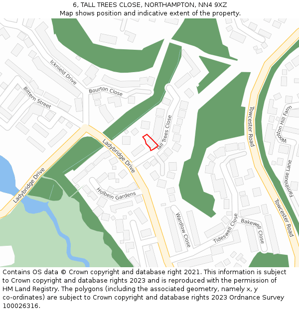 6, TALL TREES CLOSE, NORTHAMPTON, NN4 9XZ: Location map and indicative extent of plot