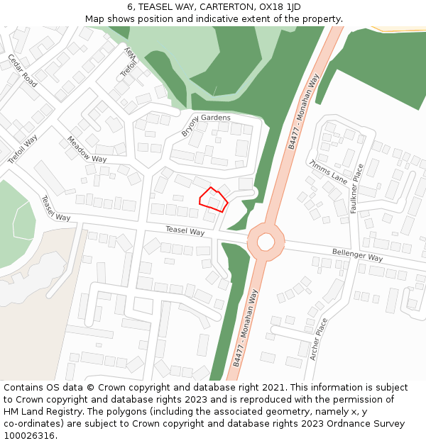 6, TEASEL WAY, CARTERTON, OX18 1JD: Location map and indicative extent of plot