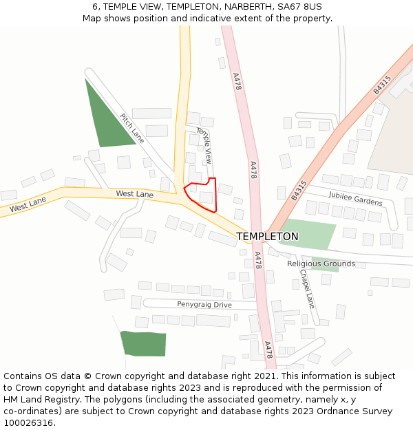 6, TEMPLE VIEW, TEMPLETON, NARBERTH, SA67 8US: Location map and indicative extent of plot
