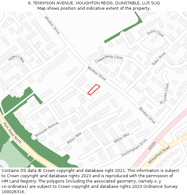 6, TENNYSON AVENUE, HOUGHTON REGIS, DUNSTABLE, LU5 5UQ: Location map and indicative extent of plot