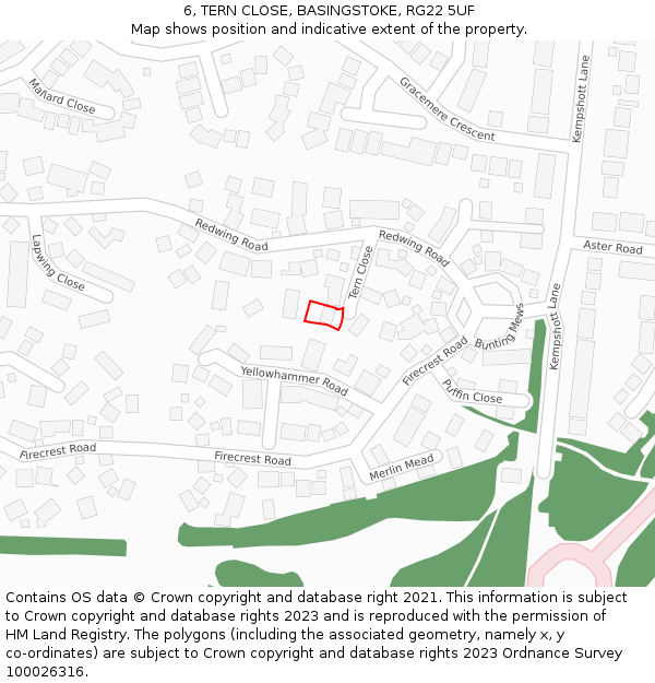 6, TERN CLOSE, BASINGSTOKE, RG22 5UF: Location map and indicative extent of plot