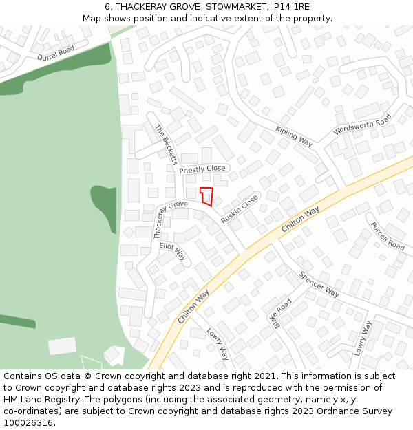 6, THACKERAY GROVE, STOWMARKET, IP14 1RE: Location map and indicative extent of plot