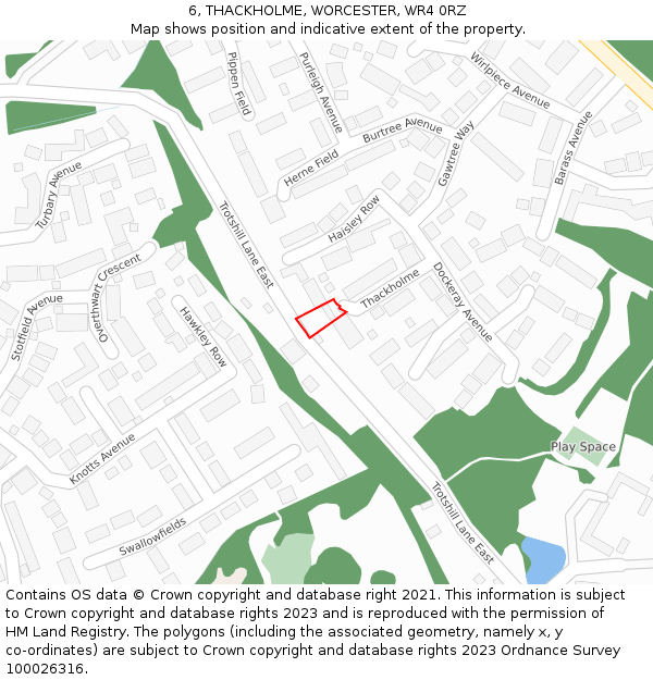 6, THACKHOLME, WORCESTER, WR4 0RZ: Location map and indicative extent of plot