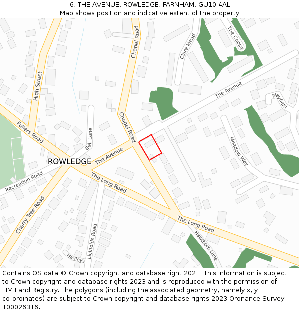 6, THE AVENUE, ROWLEDGE, FARNHAM, GU10 4AL: Location map and indicative extent of plot