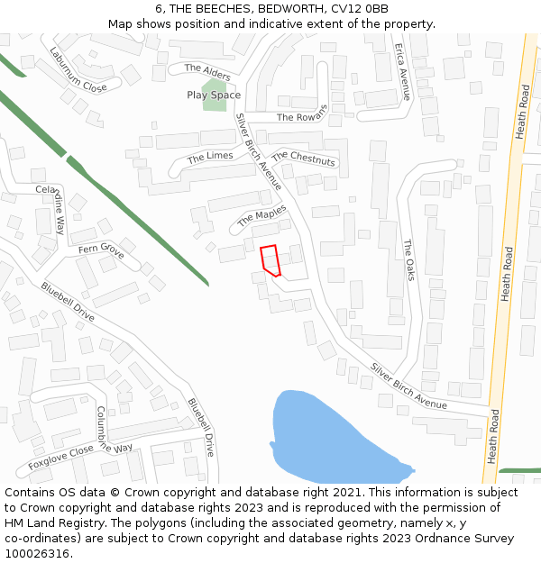 6, THE BEECHES, BEDWORTH, CV12 0BB: Location map and indicative extent of plot