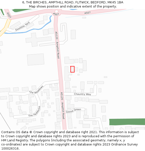 6, THE BIRCHES, AMPTHILL ROAD, FLITWICK, BEDFORD, MK45 1BA: Location map and indicative extent of plot