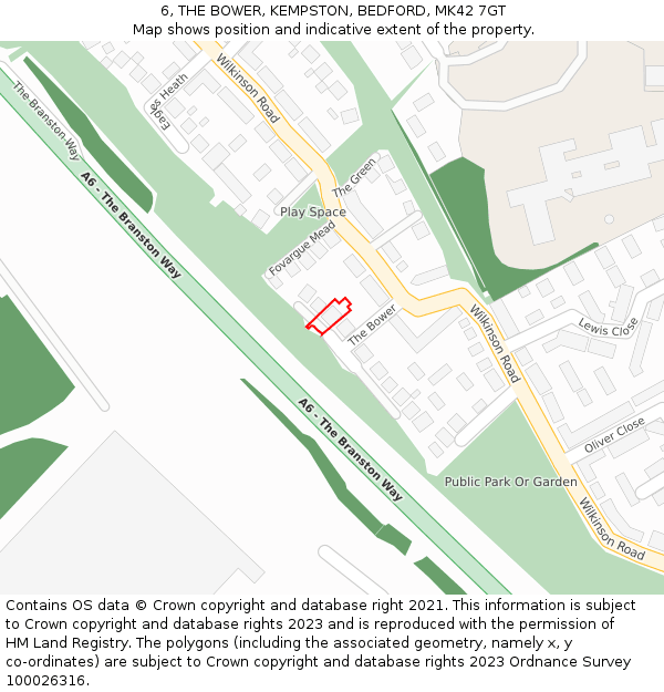 6, THE BOWER, KEMPSTON, BEDFORD, MK42 7GT: Location map and indicative extent of plot