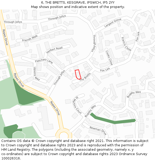 6, THE BRETTS, KESGRAVE, IPSWICH, IP5 2YY: Location map and indicative extent of plot