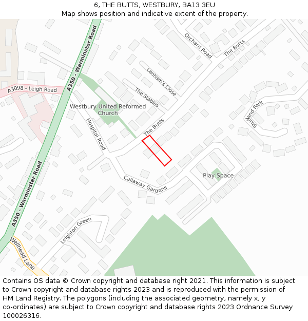 6, THE BUTTS, WESTBURY, BA13 3EU: Location map and indicative extent of plot