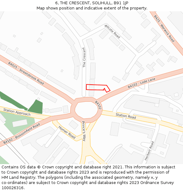 6, THE CRESCENT, SOLIHULL, B91 1JP: Location map and indicative extent of plot